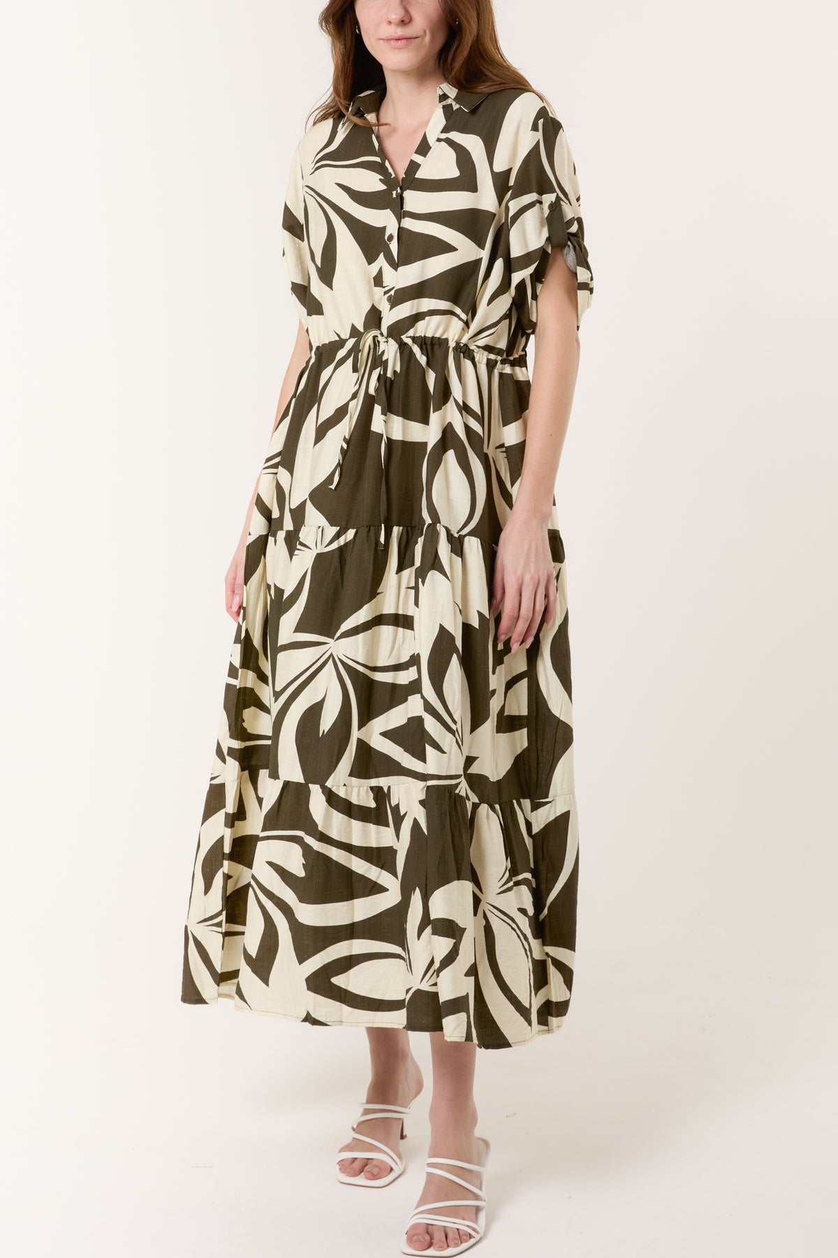 Abstract Floral Button & Tiered Midi Dress