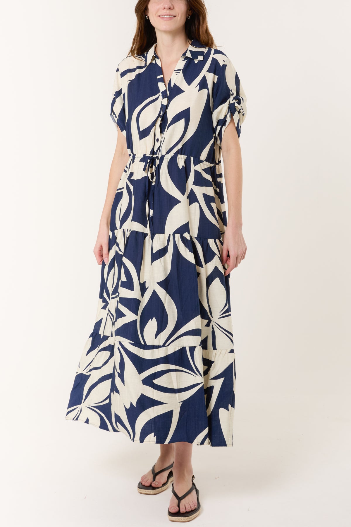 Abstract Floral Button & Tiered Midi Dress