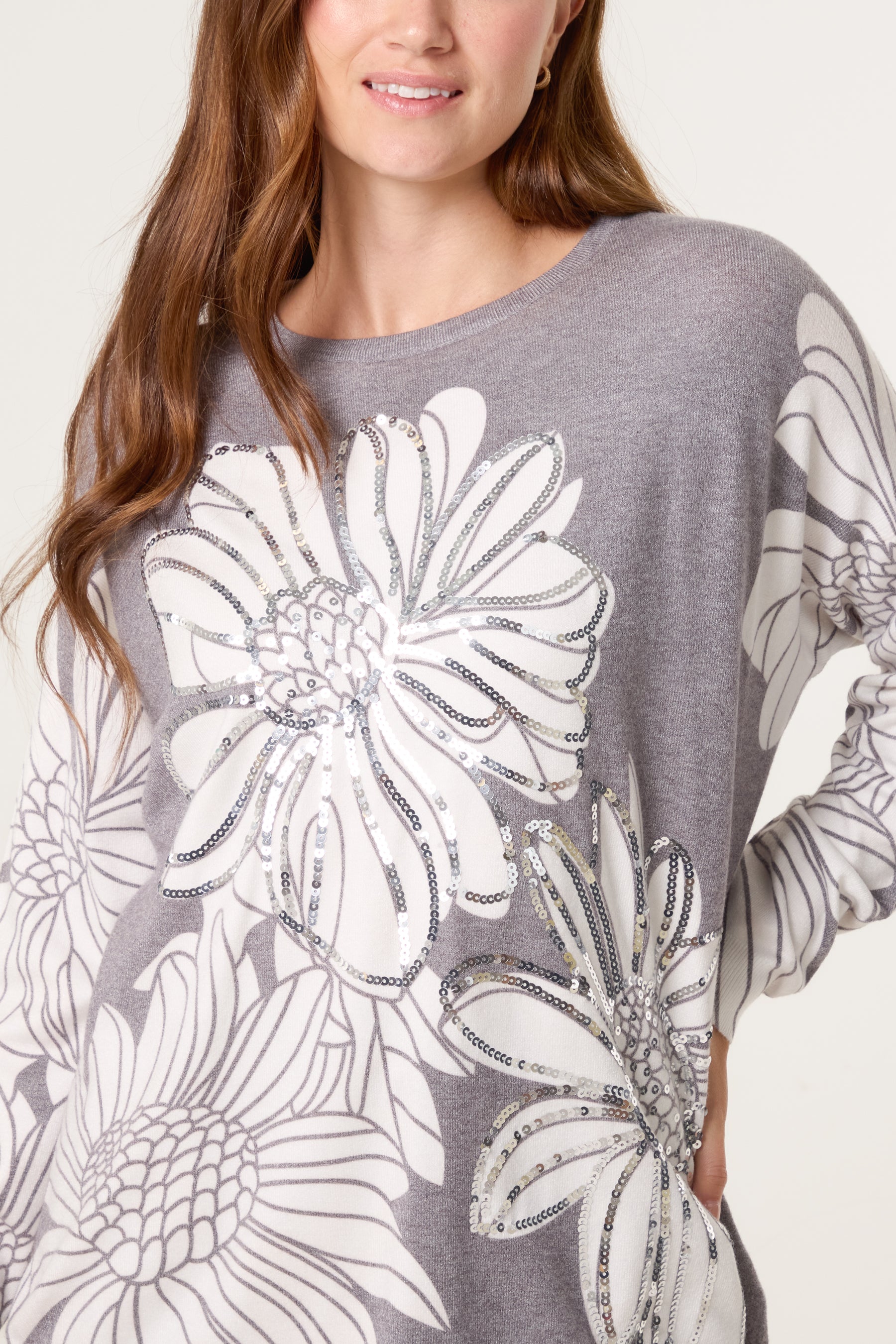 Embellished Flowers Fine Knit Jumper