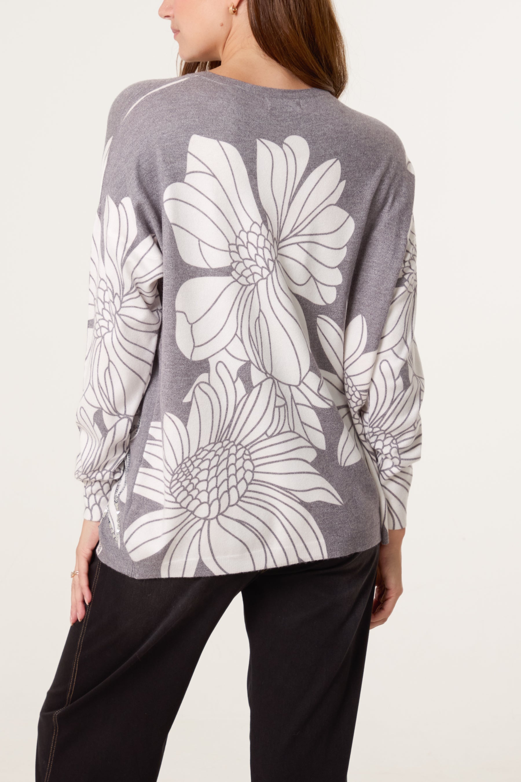 Embellished Flowers Fine Knit Jumper