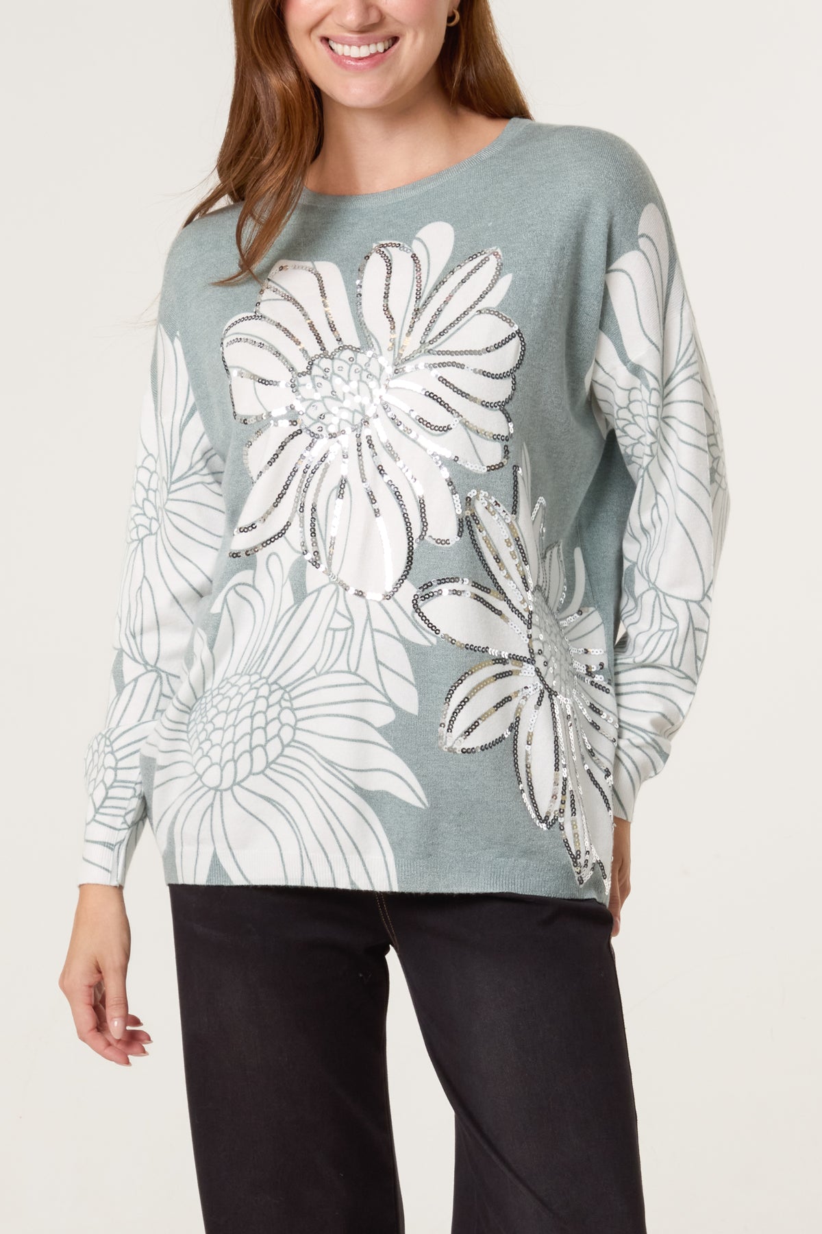 Embellished Flowers Fine Knit Jumper