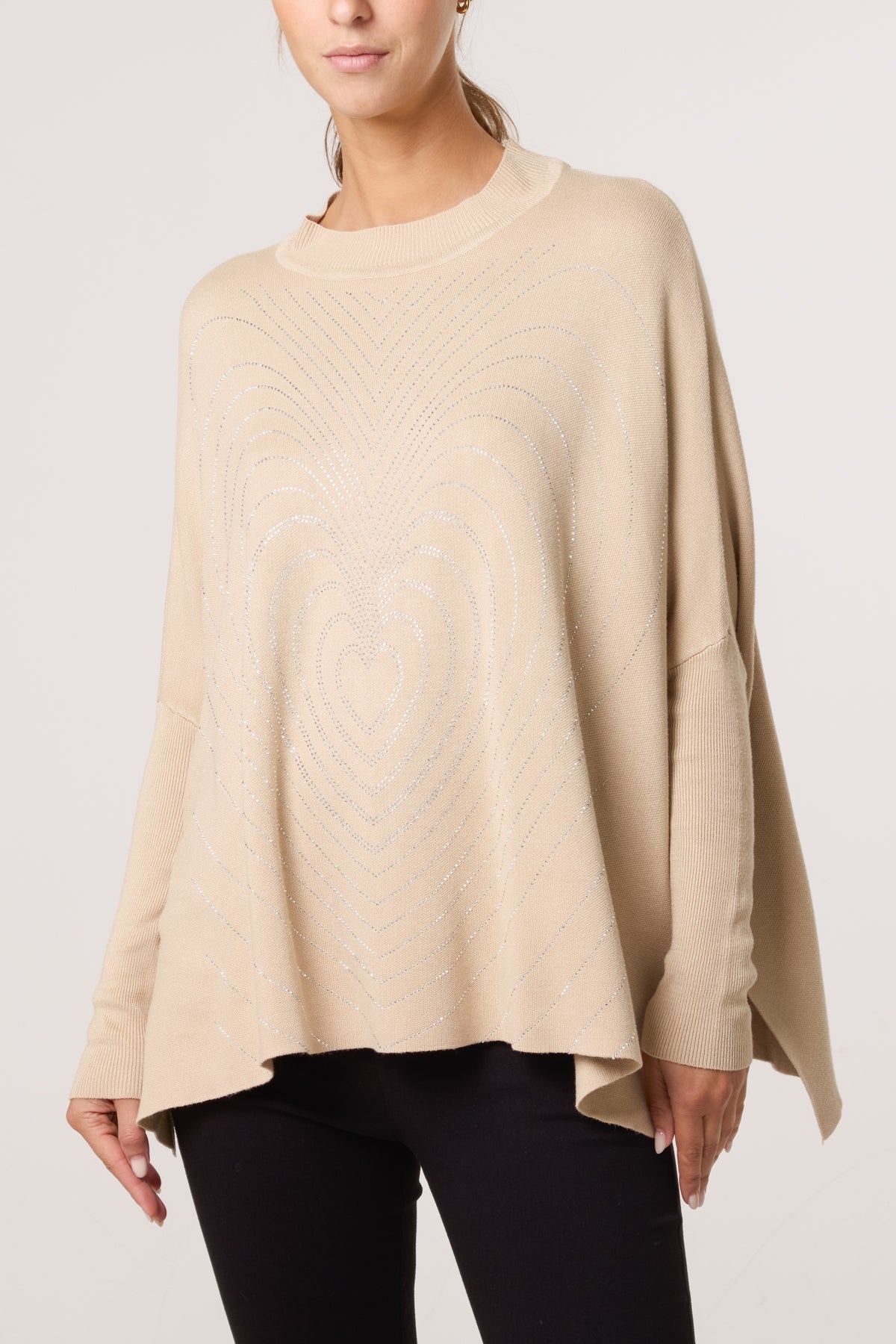 Batwing Diamante Heart High Neck Jumper