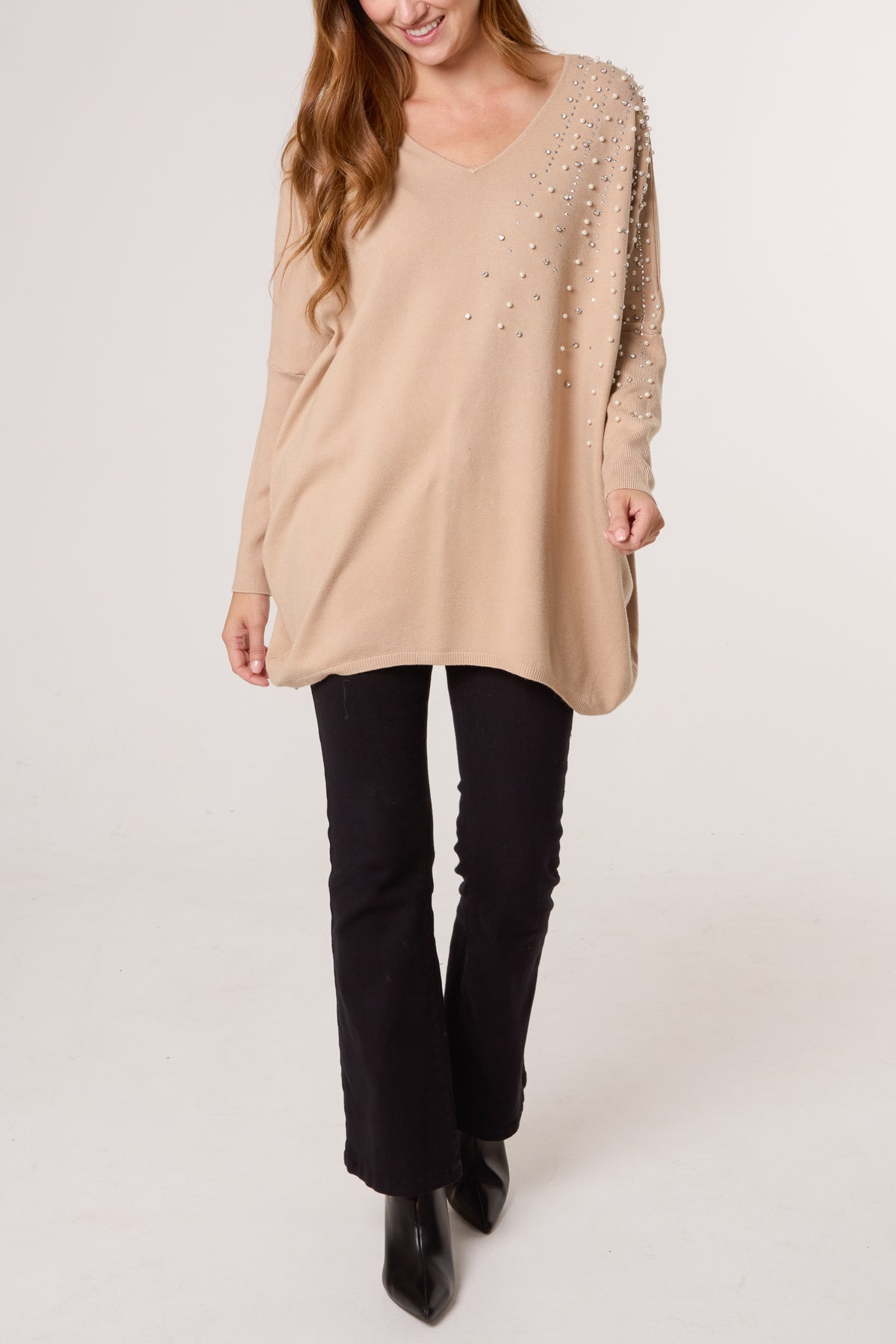 Pearl & Diamante Side V-Neck Jumper
