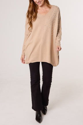 Pearl & Diamante Side V-Neck Jumper