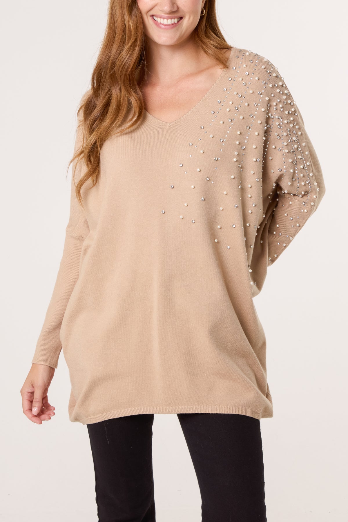 Pearl & Diamante Side V-Neck Jumper
