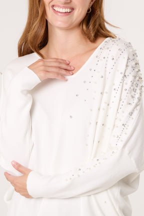 Pearl & Diamante Side V-Neck Jumper