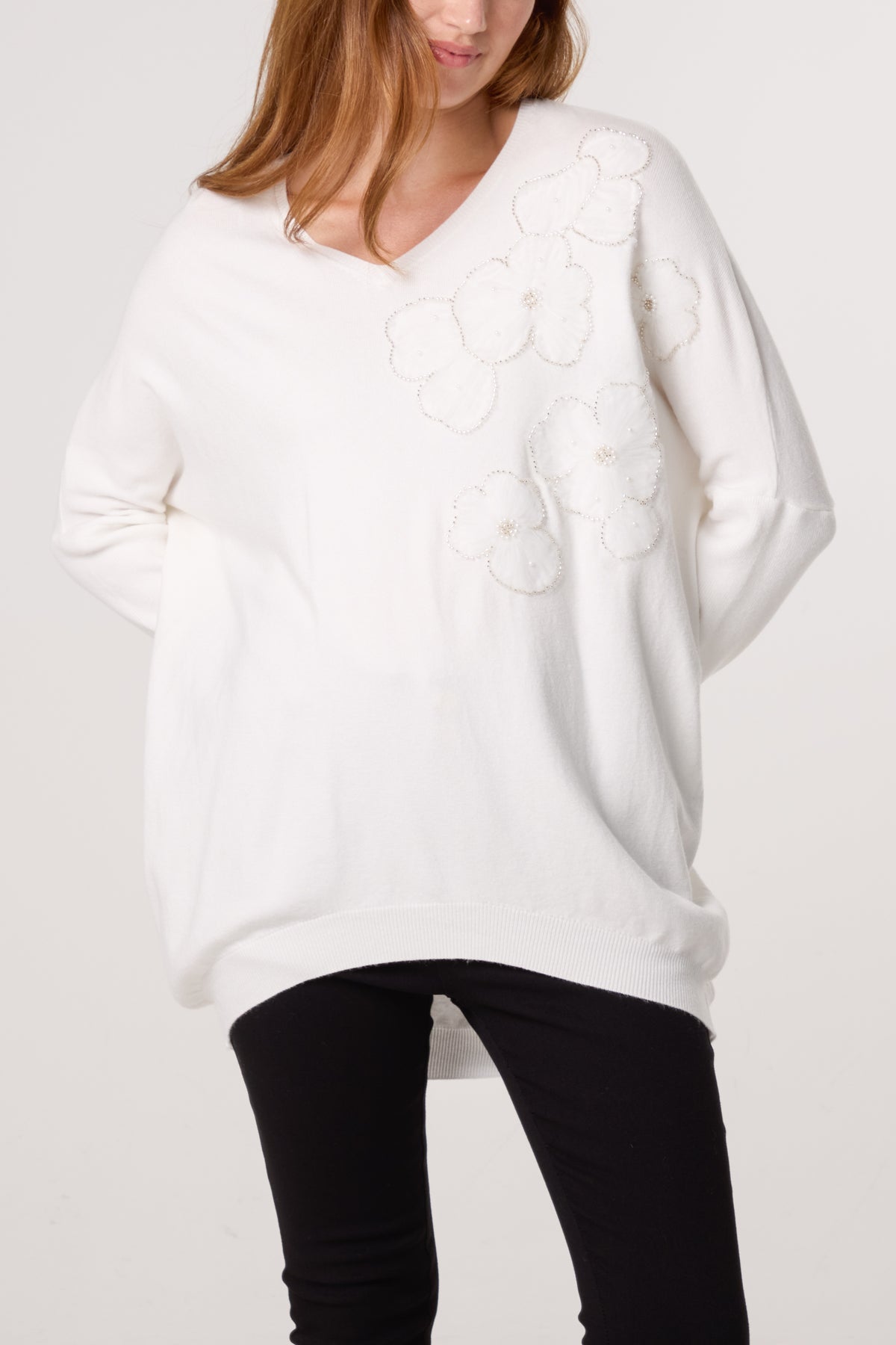 Embellished Flowers V-Neck Jumper