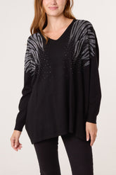 Embellished V-Neck Knit Jumper