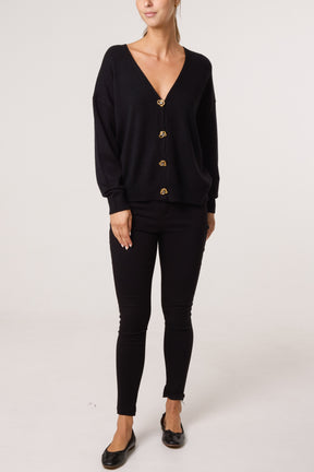 Gold & Jewelled Button V-Neck Cardigan