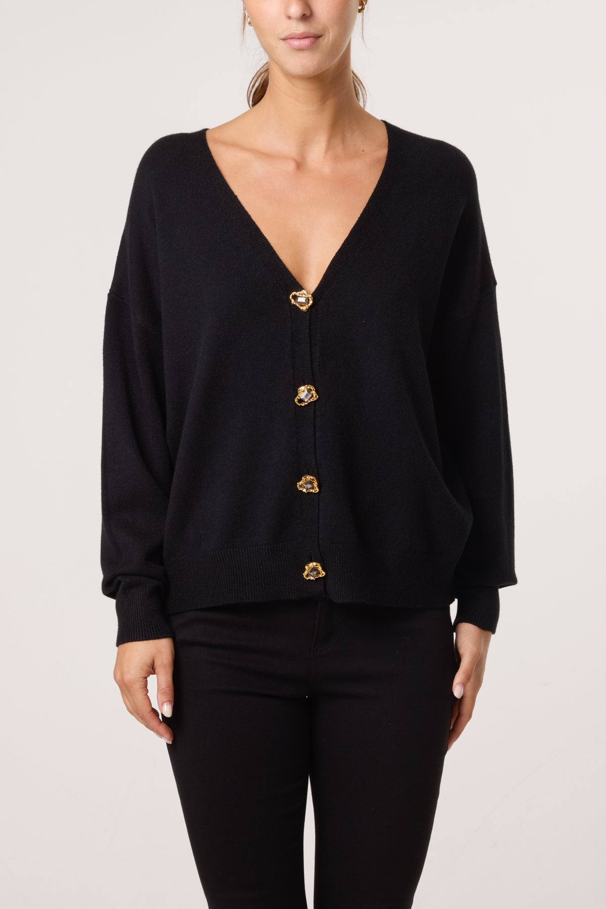 Gold & Jewelled Button V-Neck Cardigan