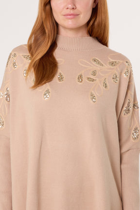Embellished Leaves High Neck & Batwing Jumper