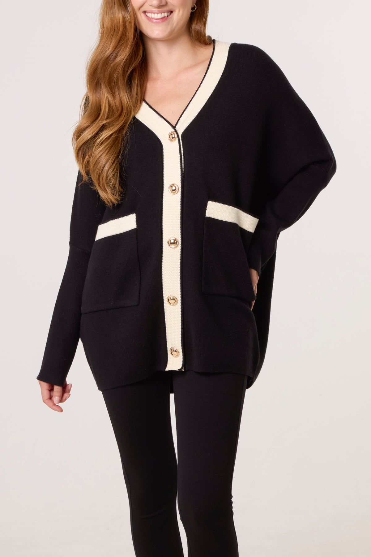 Contrast Gold Button Knit Cardigan
