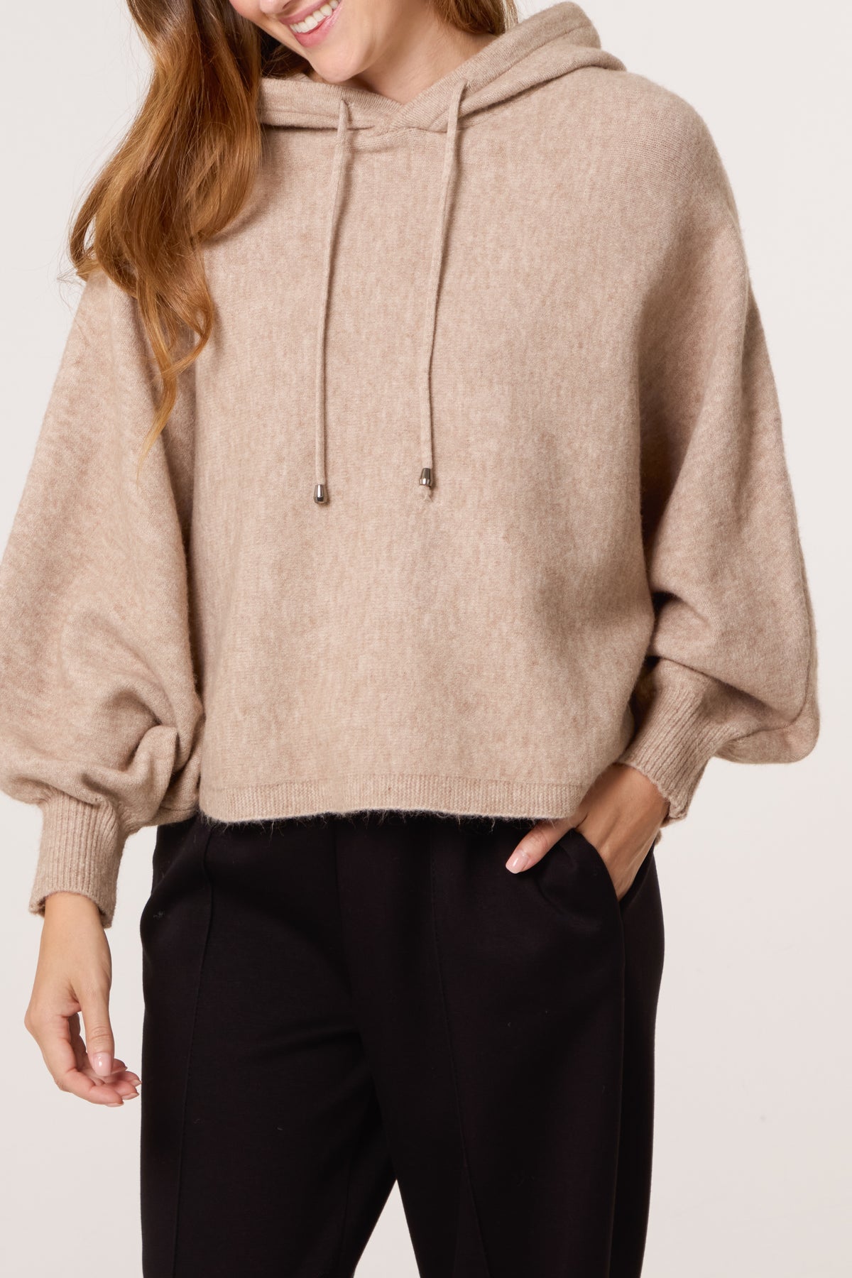 Puff Sleeve Boxy Knit Hoodie