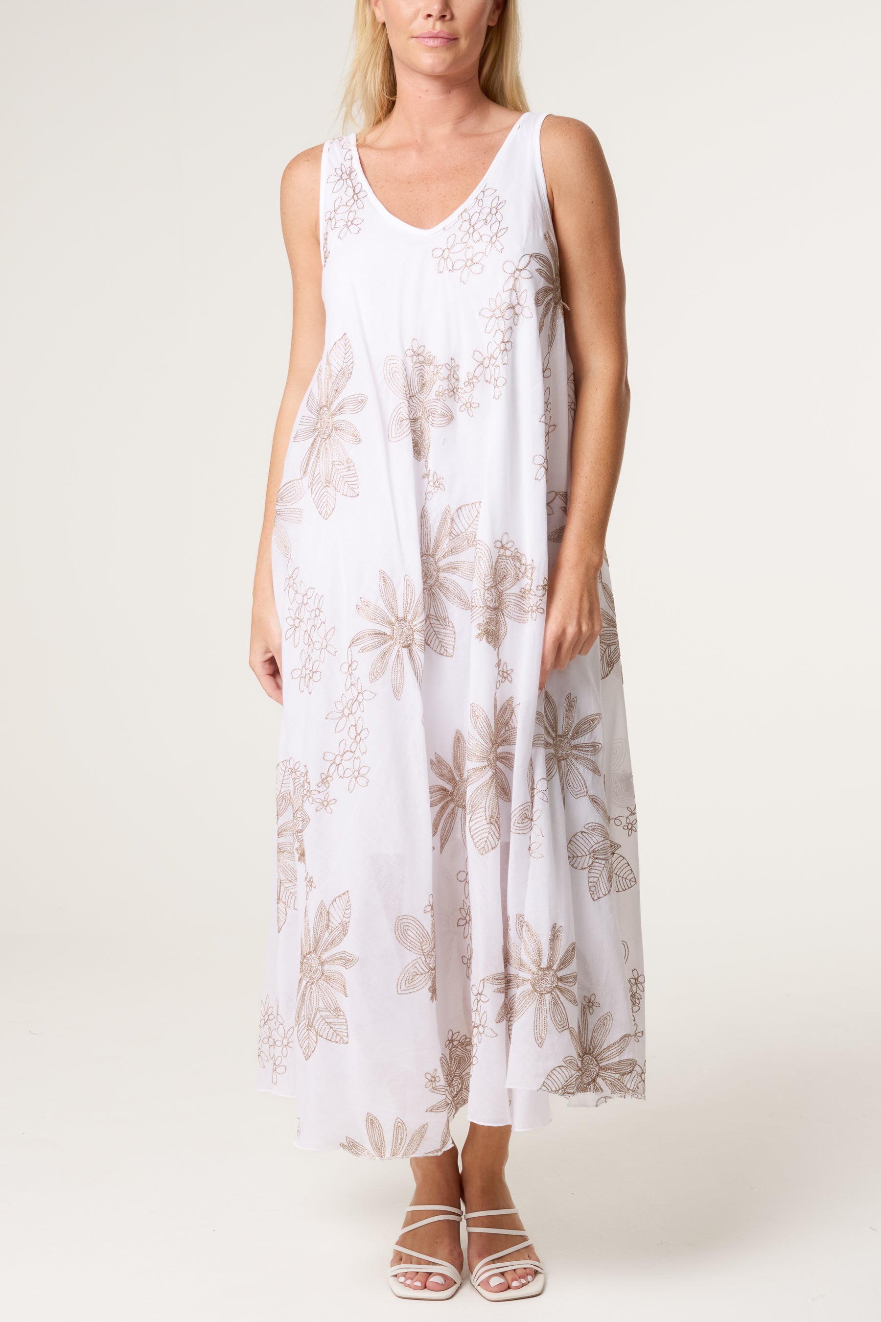 Floral Embroidery Cotton A-Line Dress
