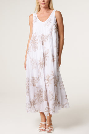 Floral Embroidery Cotton A-Line Dress