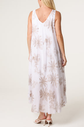 Floral Embroidery Cotton A-Line Dress