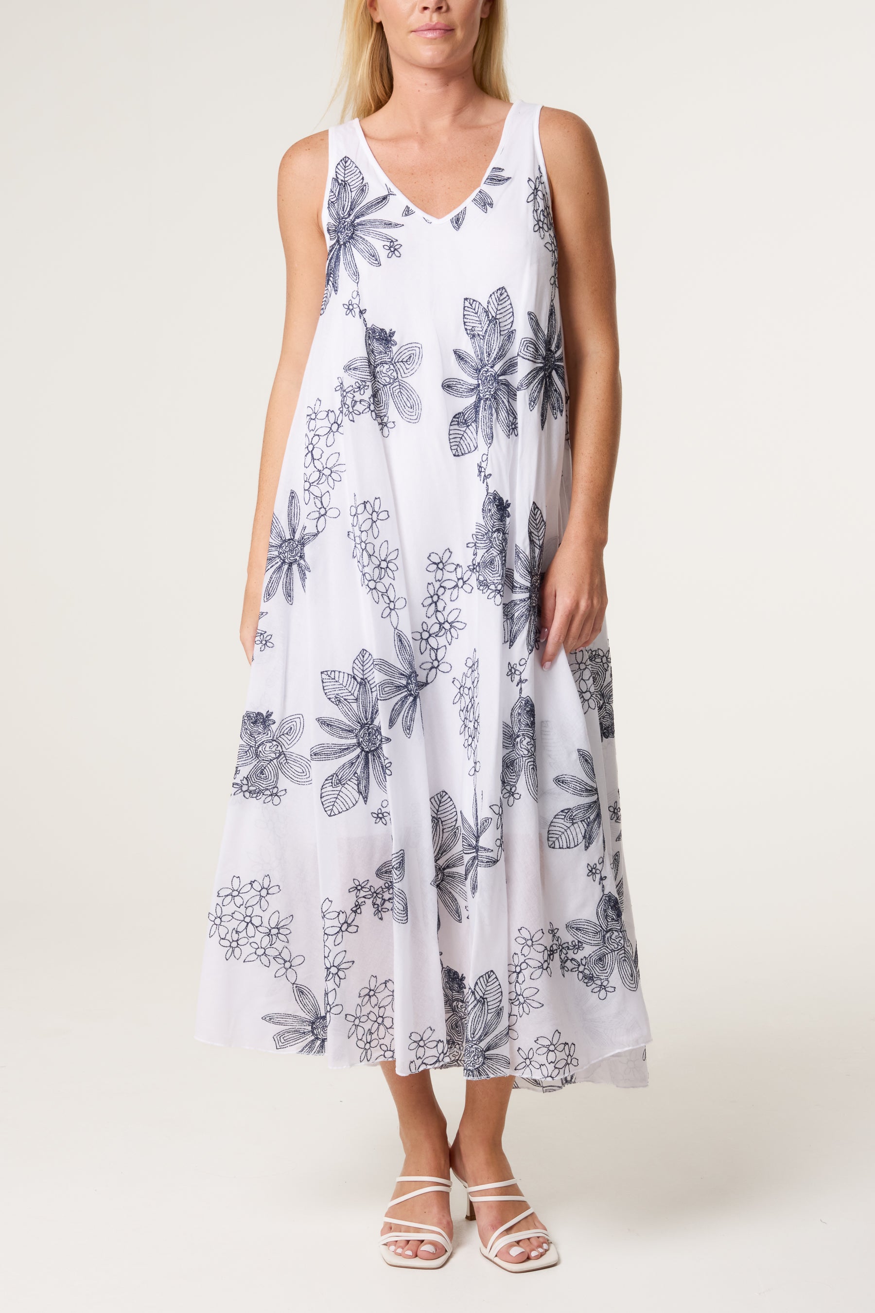 Floral Embroidery Cotton A-Line Dress