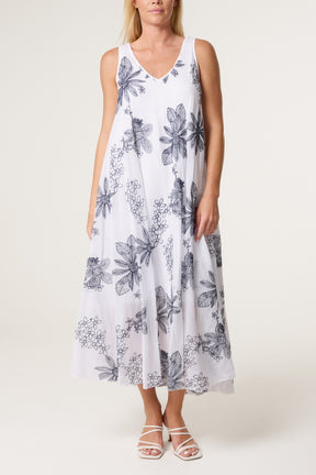 Floral Embroidery Cotton A-Line Dress