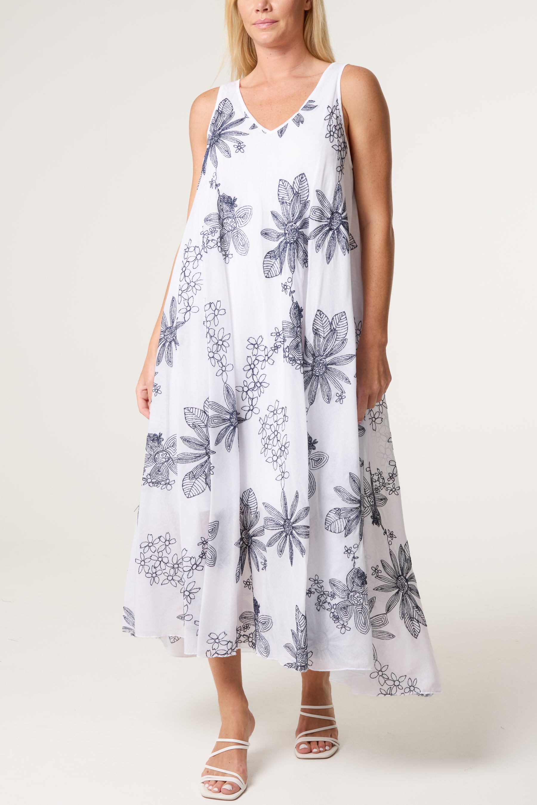 Floral Embroidery Cotton A-Line Dress