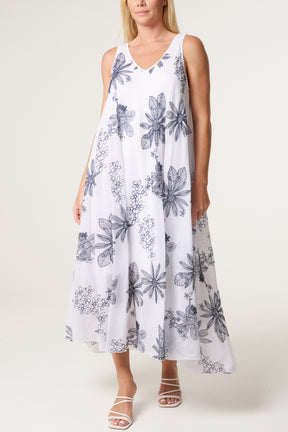 Floral Embroidery Cotton A-Line Dress