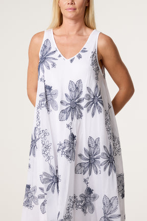 Floral Embroidery Cotton A-Line Dress