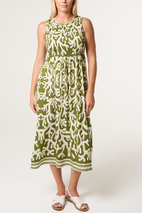 Abstract Border Print Shirred Bust Dress