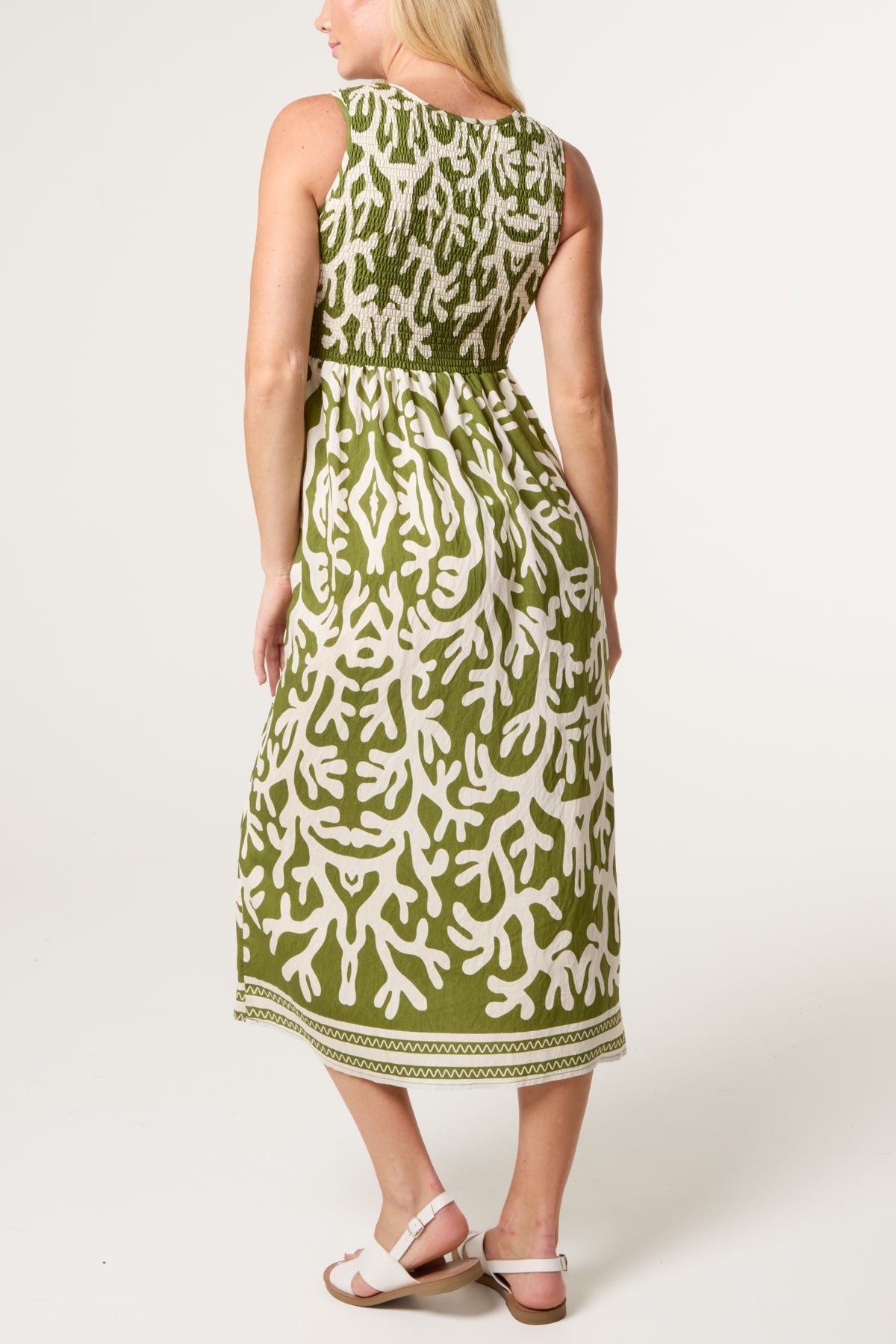 Abstract Border Print Shirred Bust Dress