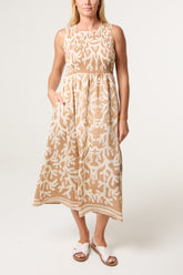 Abstract Border Print Shirred Bust Dress