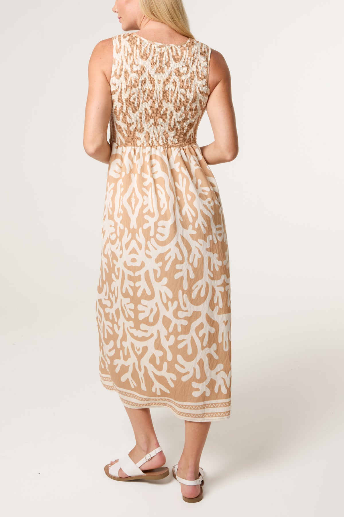 Abstract Border Print Shirred Bust Dress