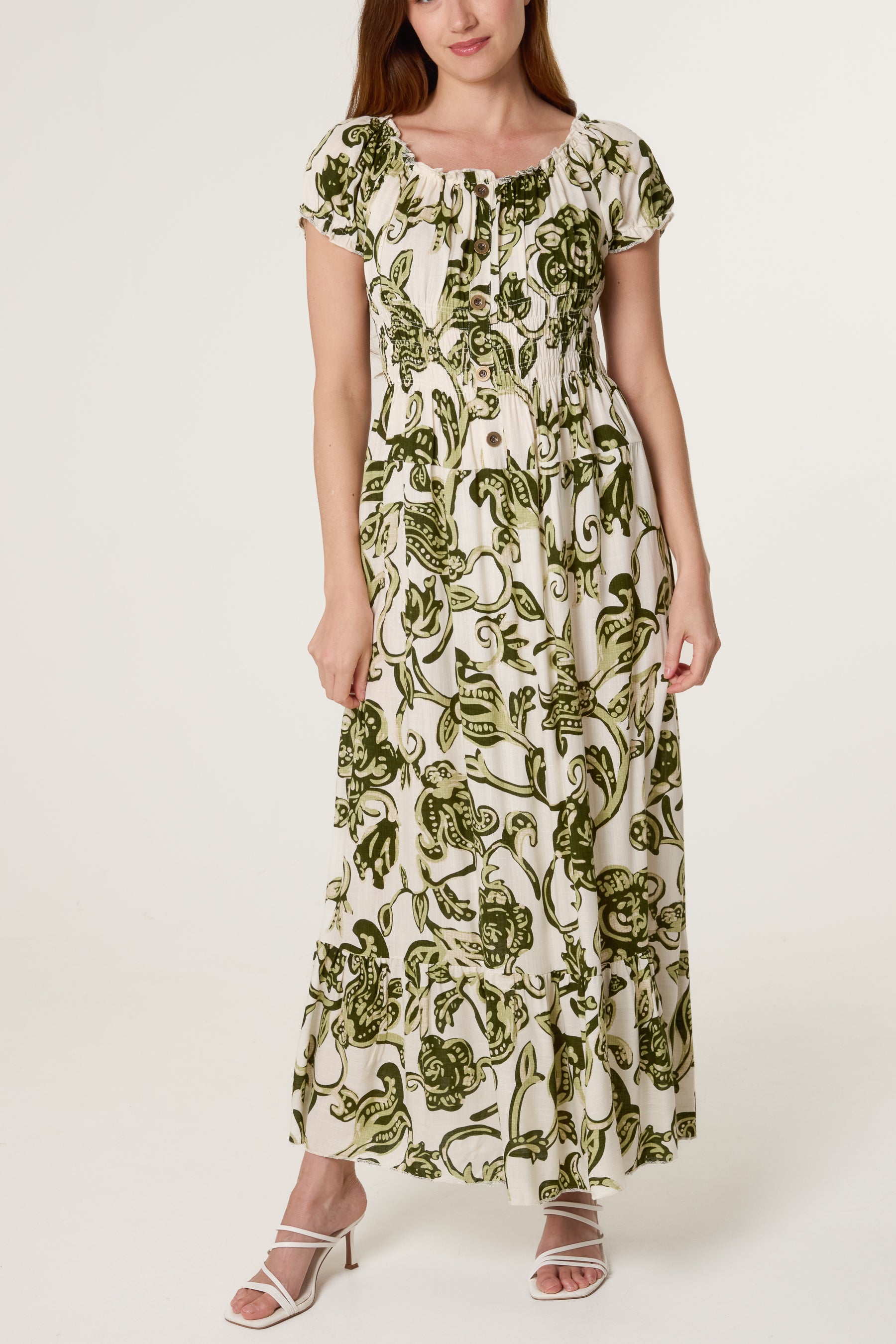 Flower & Vines Shirred Button Dress