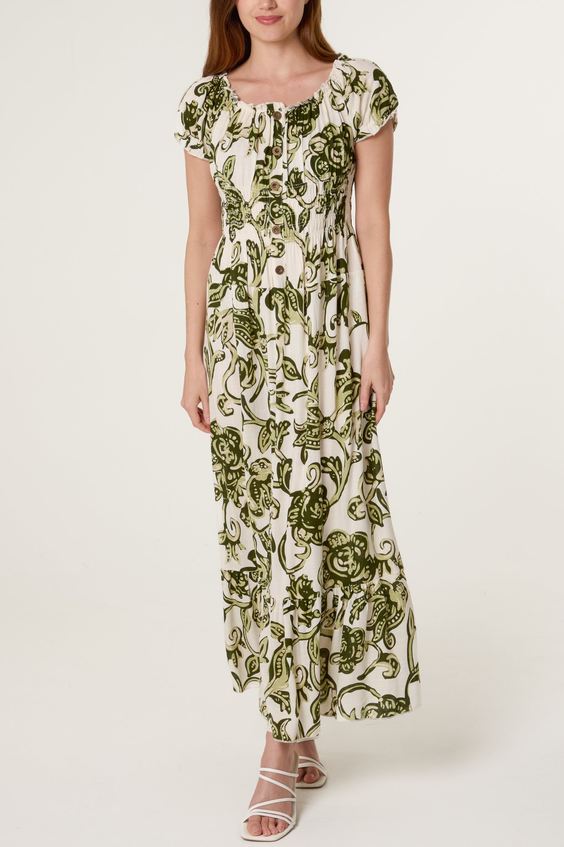 Flower & Vines Shirred Button Dress