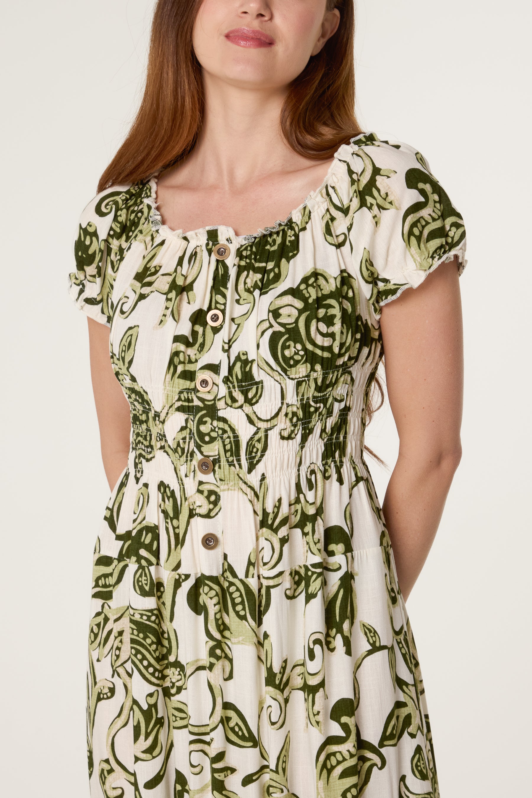 Flower & Vines Shirred Button Dress