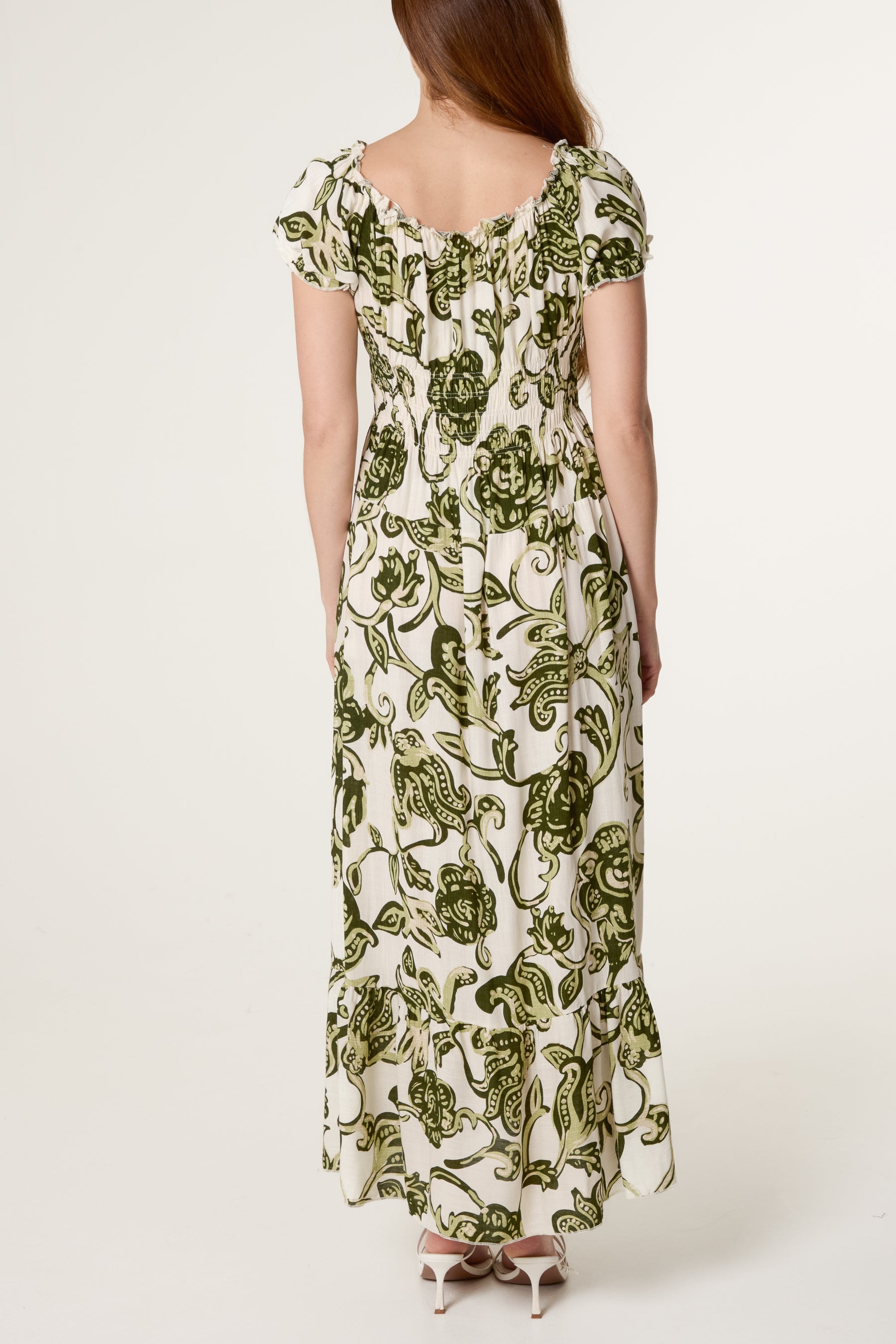 Flower & Vines Shirred Button Dress