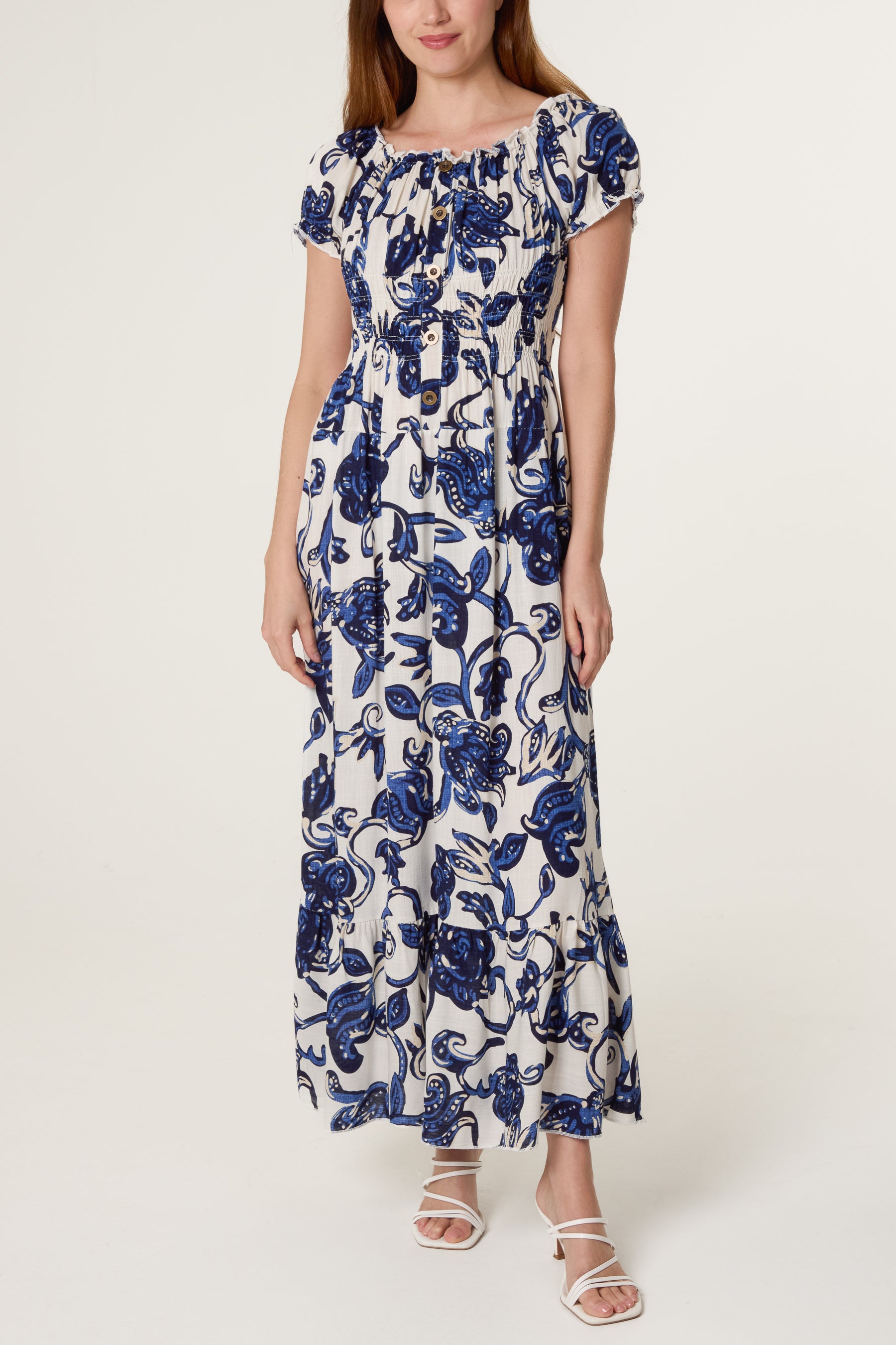 Flower & Vines Shirred Button Dress