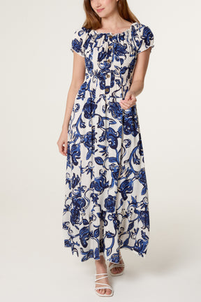 Flower & Vines Shirred Button Dress