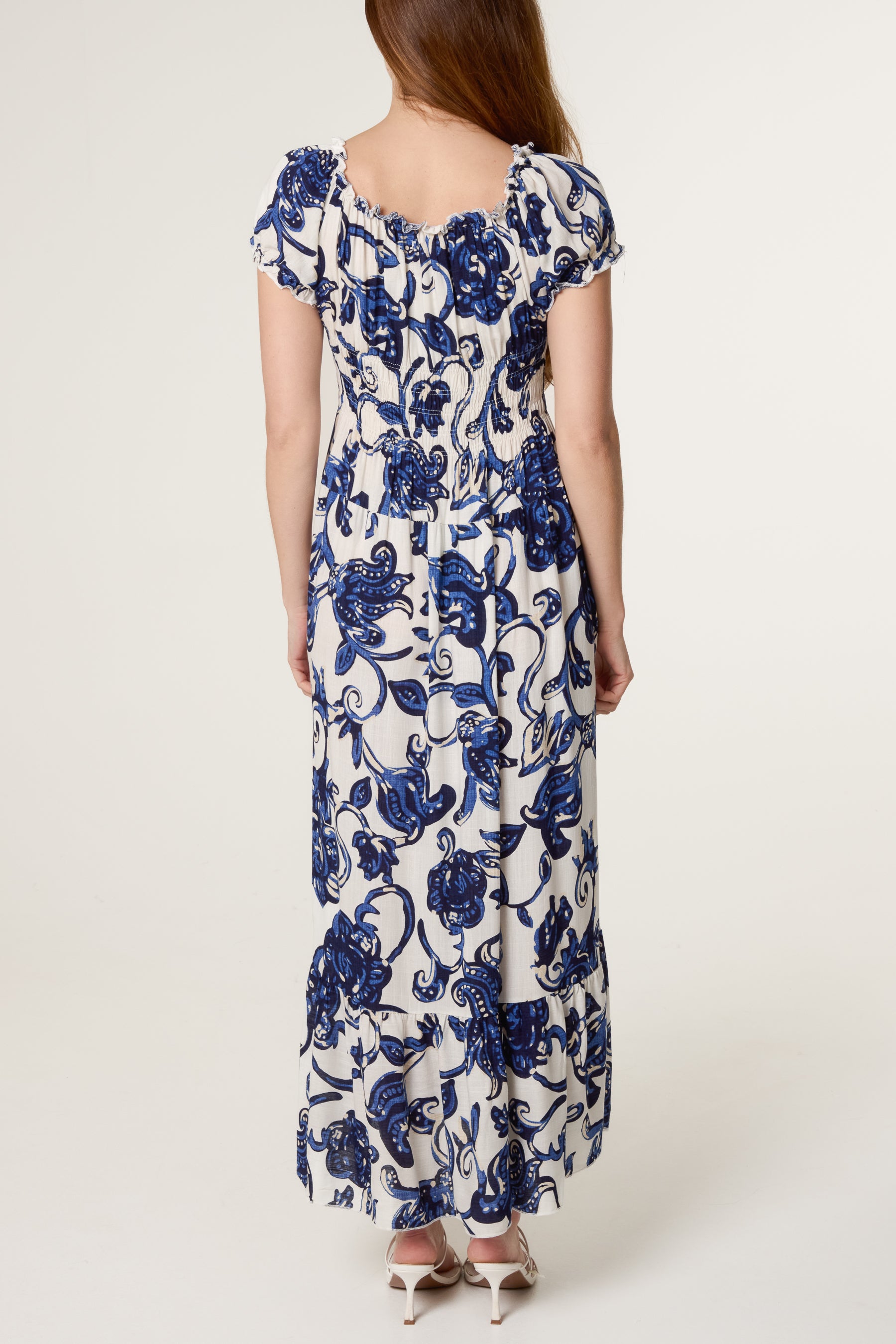 Flower & Vines Shirred Button Dress