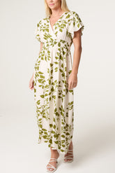 Embellished Leaf Print Shirred Wrap Dress