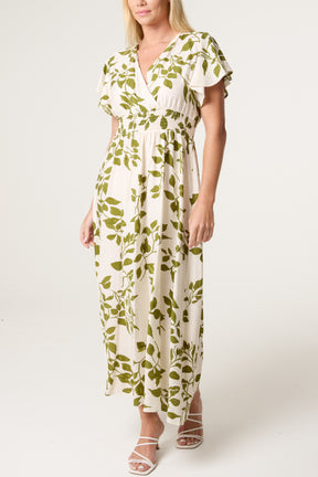 Embellished Leaf Print Shirred Wrap Dress