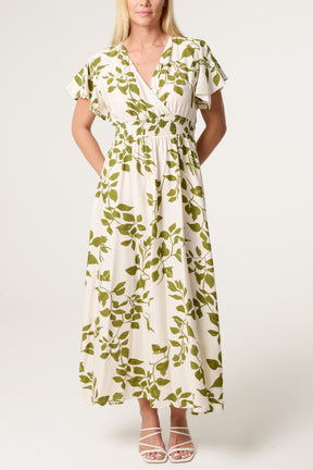 Embellished Leaf Print Shirred Wrap Dress