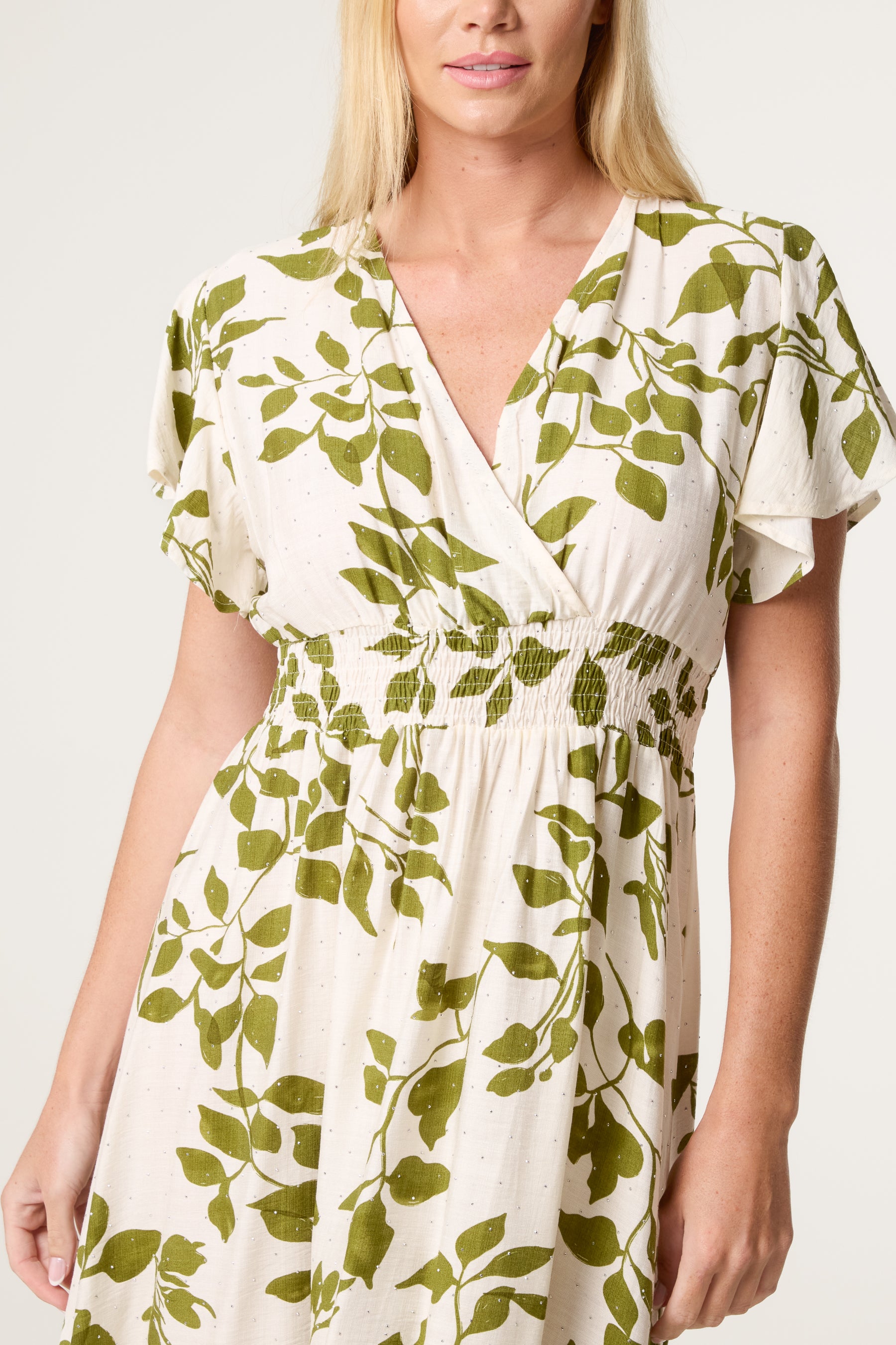Embellished Leaf Print Shirred Wrap Dress
