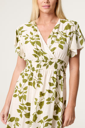 Embellished Leaf Print Shirred Wrap Dress