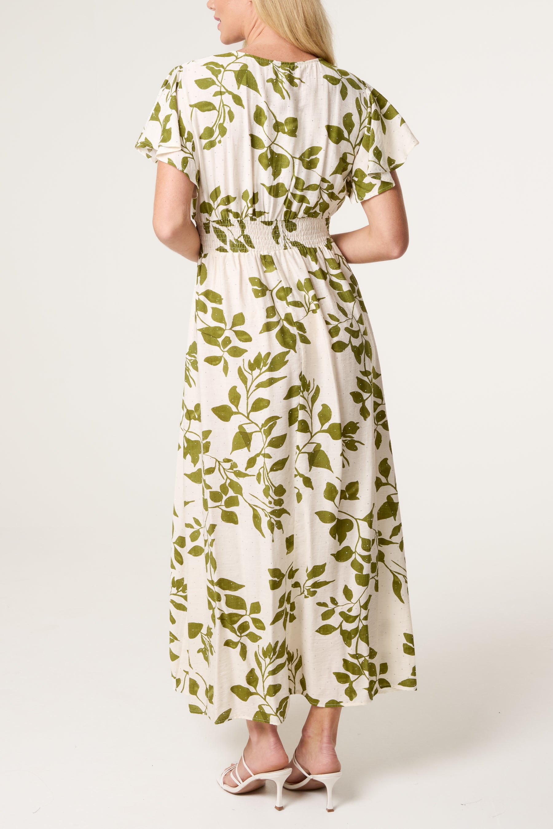 Embellished Leaf Print Shirred Wrap Dress