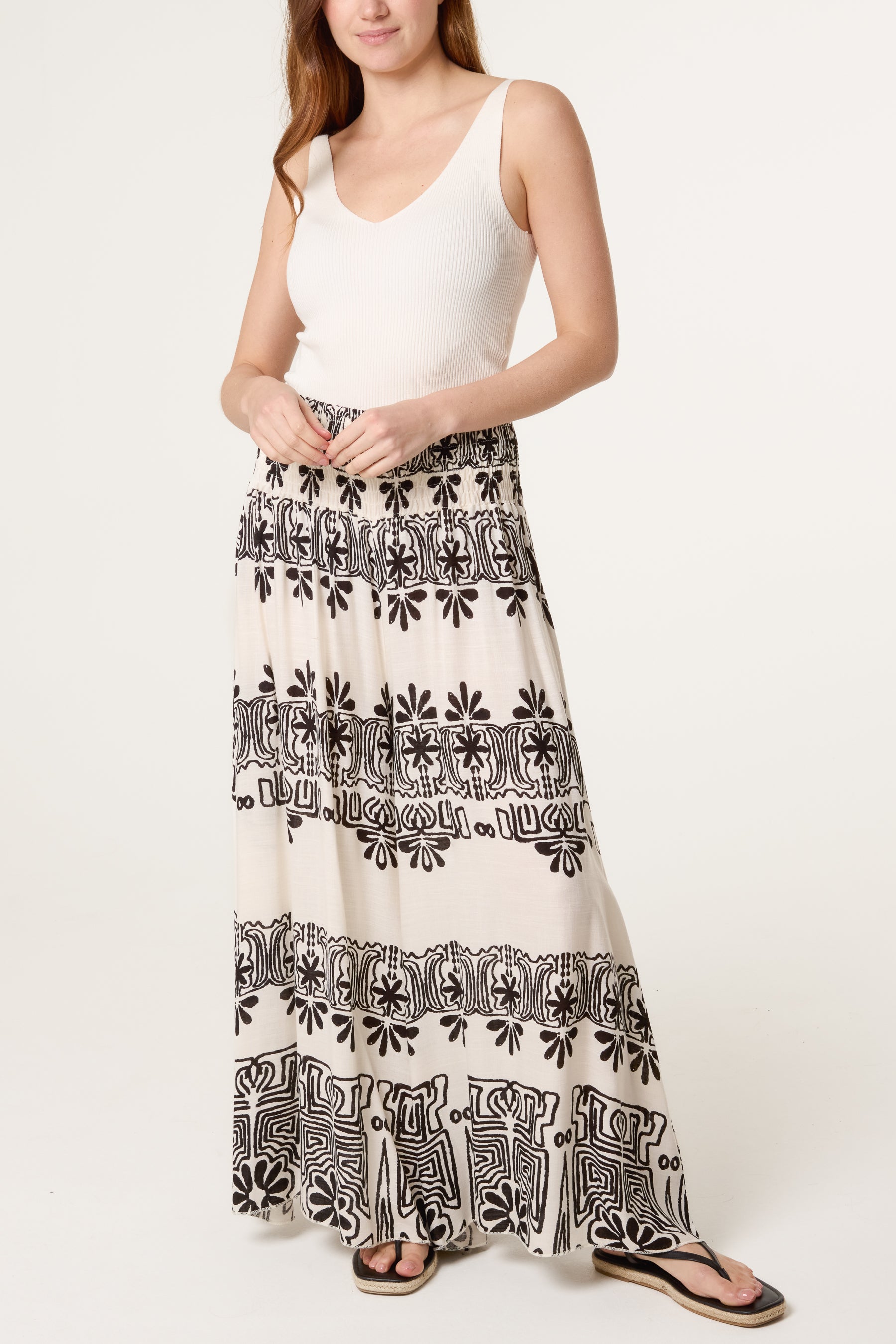 Border Print Elastic Wide Leg Trousers