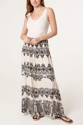Border Print Elastic Wide Leg Trousers