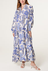 Flower Print Embellished Tiered Button Dress