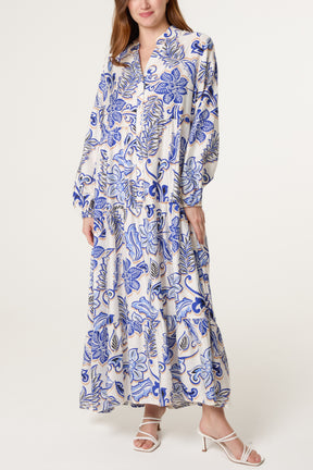 Flower Print Embellished Tiered Button Dress