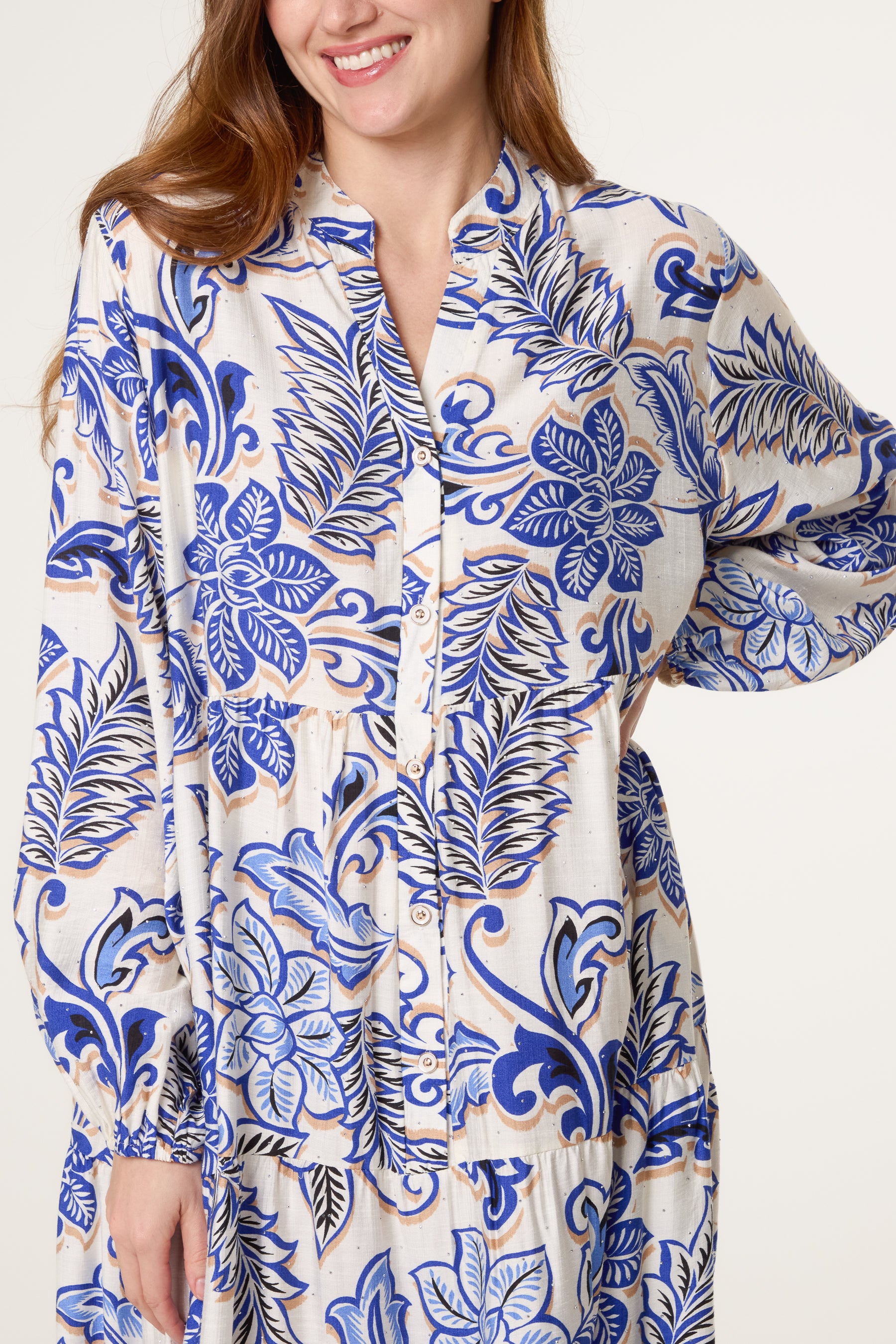 Flower Print Embellished Tiered Button Dress