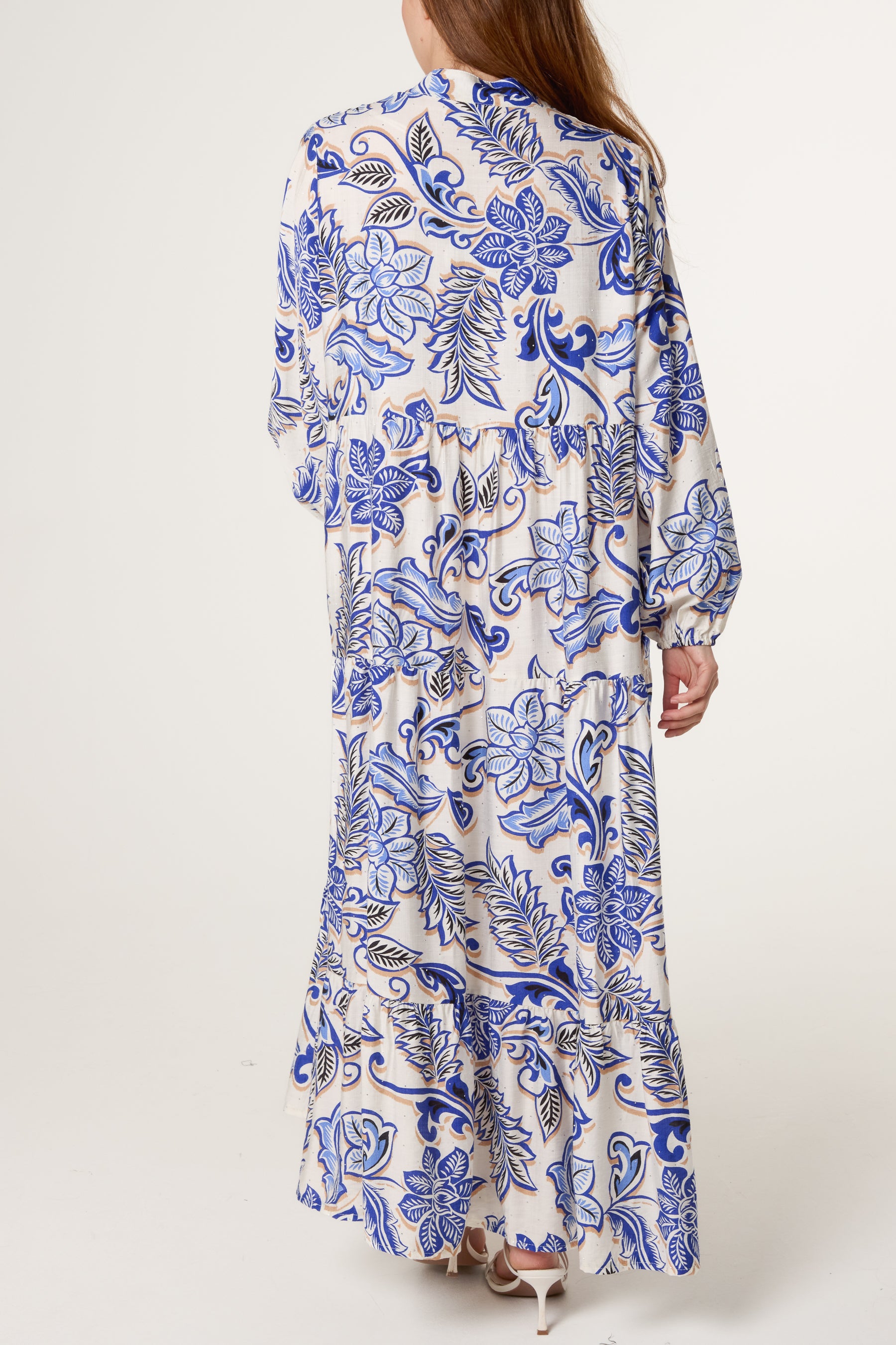 Flower Print Embellished Tiered Button Dress