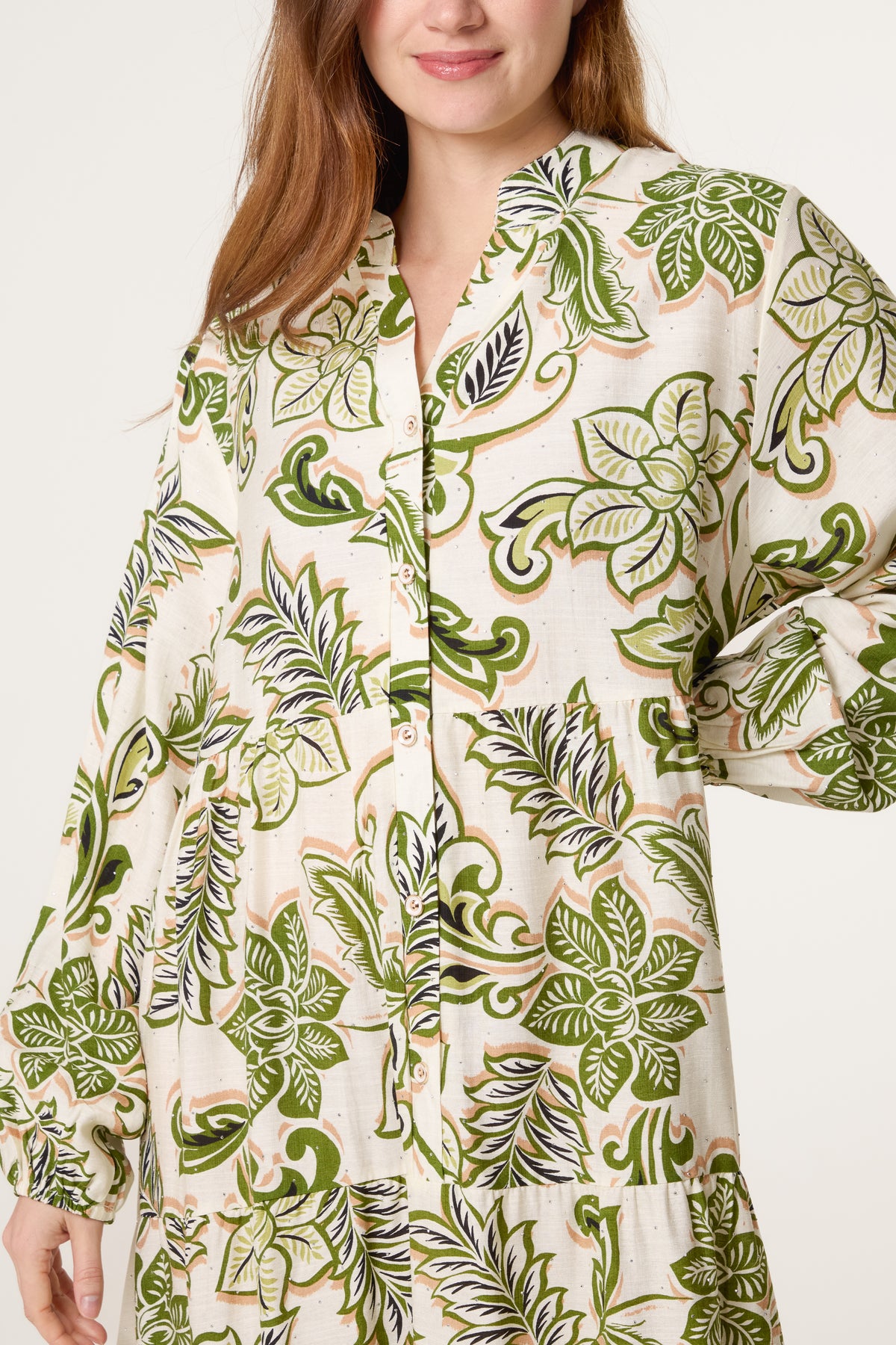 Flower Print Embellished Tiered Button Dress