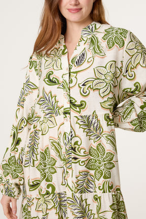 Flower Print Embellished Tiered Button Dress